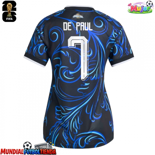 Camiseta Argentina Rodrigo De Paul #7 Segunda Equipación Replica Mundial 2026 para mujer mangas cortas